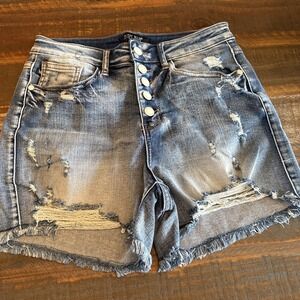 Judy Blue Distressed Denim Shorts High Waist Button Fly Medium Wash Med JB150142
